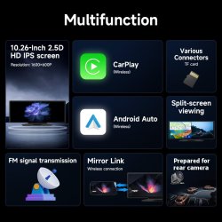 10,26&#34; multimedia skrm med indbygget dashcam og trdls Apple Carplay & Android Auto