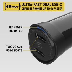 Powervolt dobbel hurtig billader 40 watt USB-C PD3.0 - sort